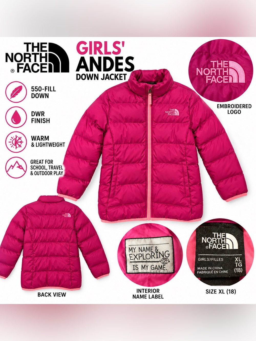 The North Face Girls Andes 550 Down Puffer Jacket Pink CHQ7